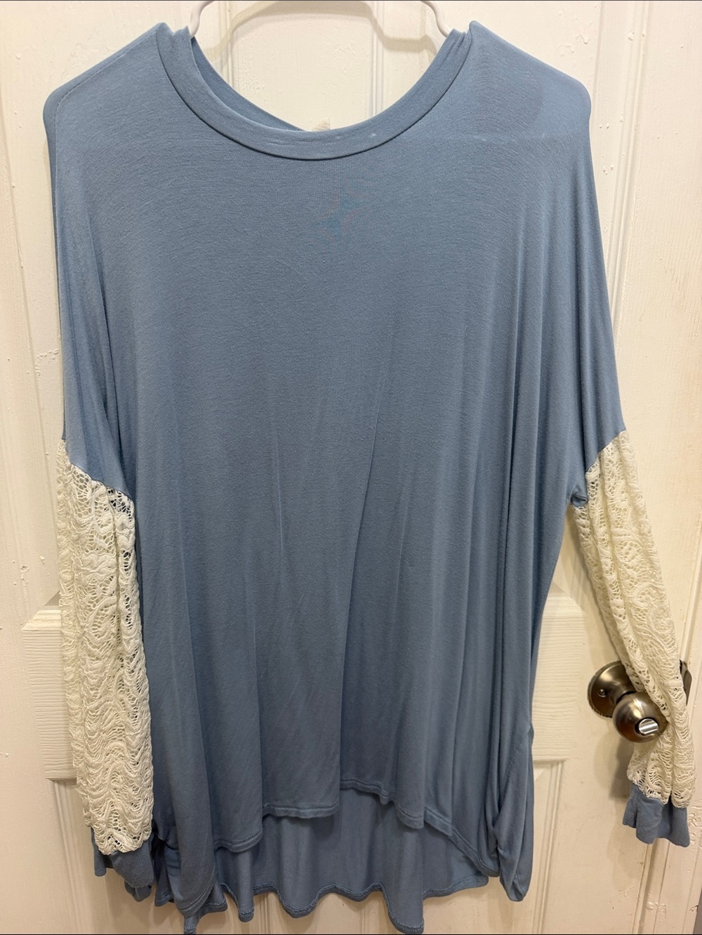 Beeson River Dusty Blue Knit Top with Cream Lace Sleeves